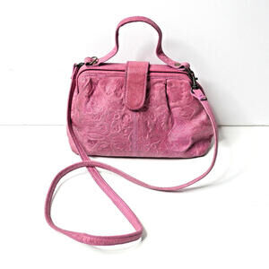 Vintage Pink Tooled Leather Small Crossbody Bag Purse SEE Artsy Boho Unique